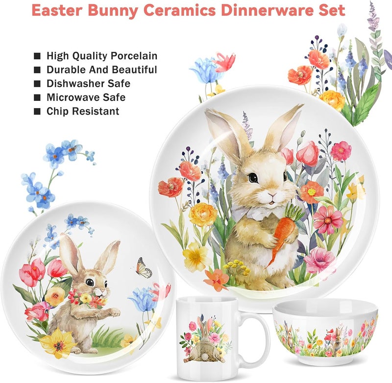 Zhehao مجموعة أدوات تناول الطعام لعيد الفصح من زهاو 16 قطعة - سيراميك - أطباق أرنب مزهرة تشمل طبق عشاء 10 بوصة وطبق سلطة 7 بوصة ووعاء حبوب 5 بوصة وكوب قهوة 16 أونصة لـ 4 ضيوف لعيد الفصح وعشاء الربيع - Image 3