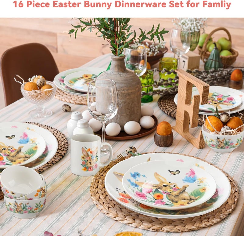 Zhehao مجموعة أدوات تناول الطعام لعيد الفصح من زهاو 16 قطعة - سيراميك - أطباق أرنب مزهرة تشمل طبق عشاء 10 بوصة وطبق سلطة 7 بوصة ووعاء حبوب 5 بوصة وكوب قهوة 16 أونصة لـ 4 ضيوف لعيد الفصح وعشاء الربيع - Image 5