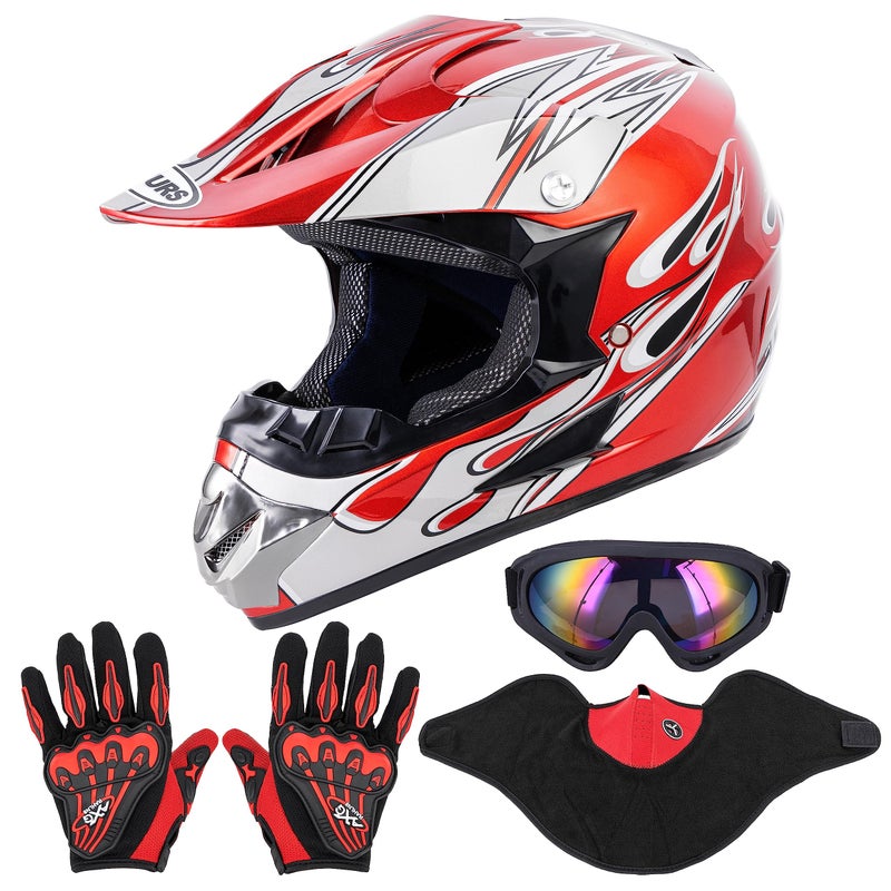 OUMURS Adult Dirt Bike Helmet with Goggles Gloves  Mask Adjustable Sun Visor Motorcycle Adults ATV Helmet OffRoad Motocross Downhill Moped MX for UnisexAdultRed Flame L