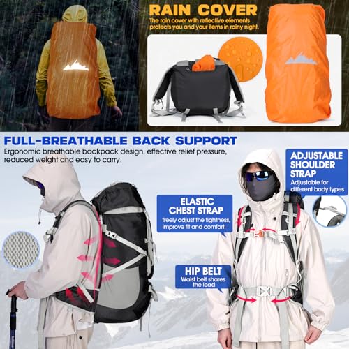 IGOLUMON 60L Hiking Backpack, Large Camping Backpack with Rain Cover Waterproof Travel Hiking Daypack Lightweight Backpacking Pack for Men Women, Black - Image 4