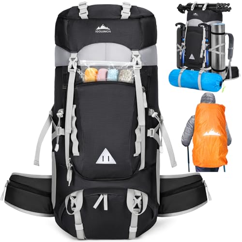 IGOLUMON 60L Hiking Backpack, Large Camping Backpack with Rain Cover Waterproof Travel Hiking Daypack Lightweight Backpacking Pack for Men Women, Black - Image 1