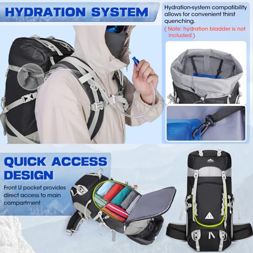 IGOLUMON 60L Hiking Backpack, Large Camping Backpack with Rain Cover Waterproof Travel Hiking Daypack Lightweight Backpacking Pack for Men Women, Black - Image 5