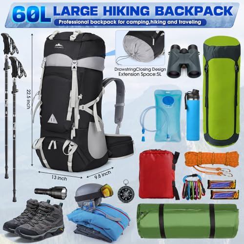 IGOLUMON 60L Hiking Backpack, Large Camping Backpack with Rain Cover Waterproof Travel Hiking Daypack Lightweight Backpacking Pack for Men Women, Black - Image 2