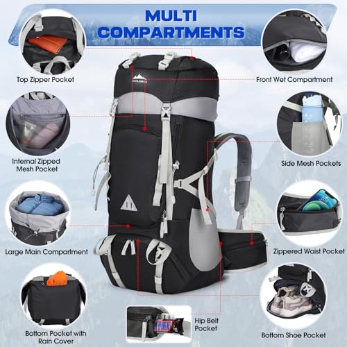 IGOLUMON 60L Hiking Backpack, Large Camping Backpack with Rain Cover Waterproof Travel Hiking Daypack Lightweight Backpacking Pack for Men Women, Black - Image 3