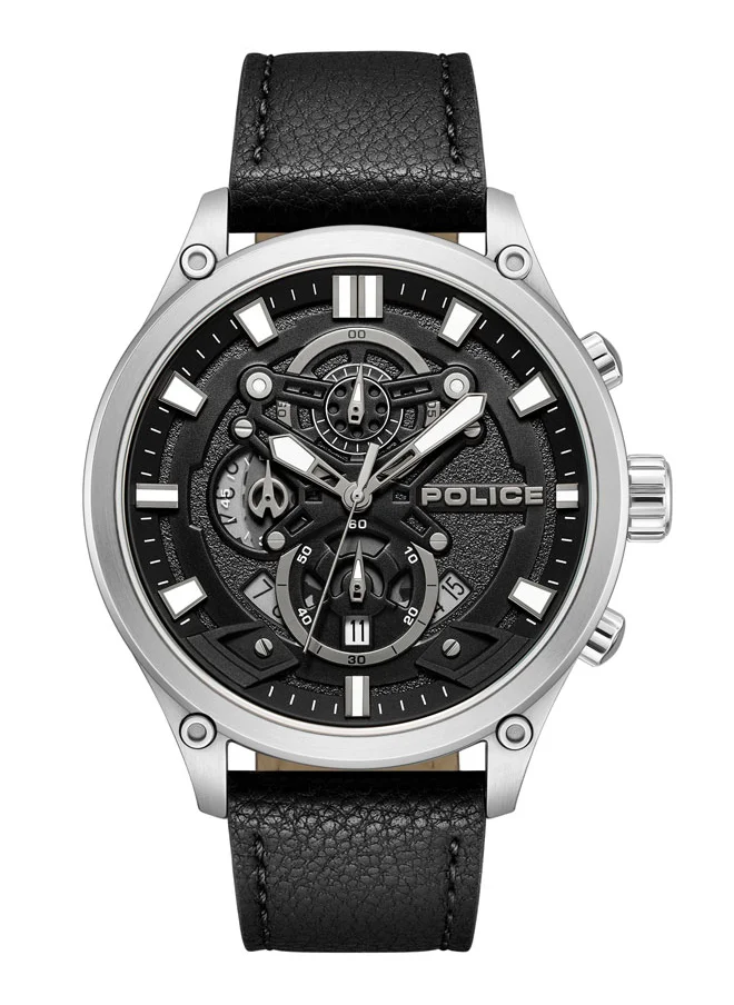 POLICE Wadden Men's 46mm Chronograph Watch with Screw-Detailed Dial, Charcoal & Black Face, Black Leather Strap