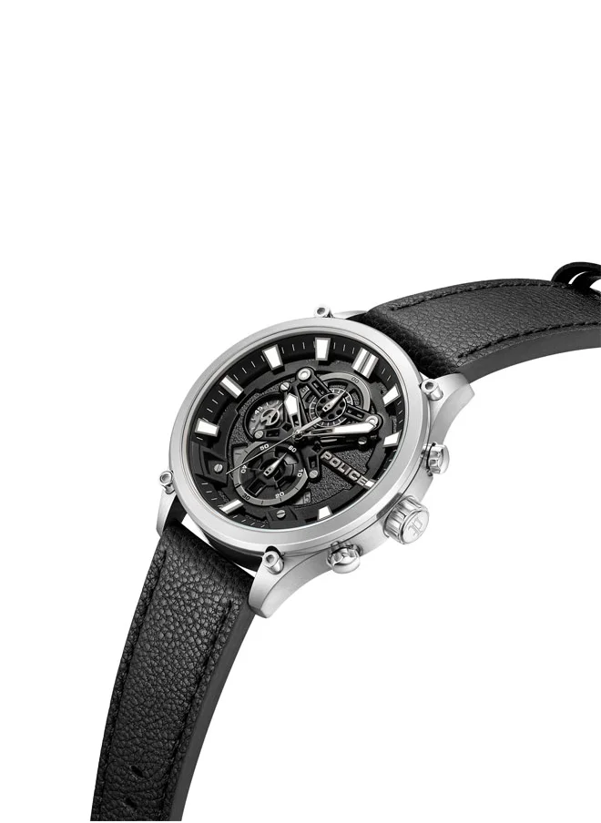 POLICE Wadden Men's 46mm Chronograph Watch with Screw-Detailed Dial, Charcoal & Black Face, Black Leather Strap