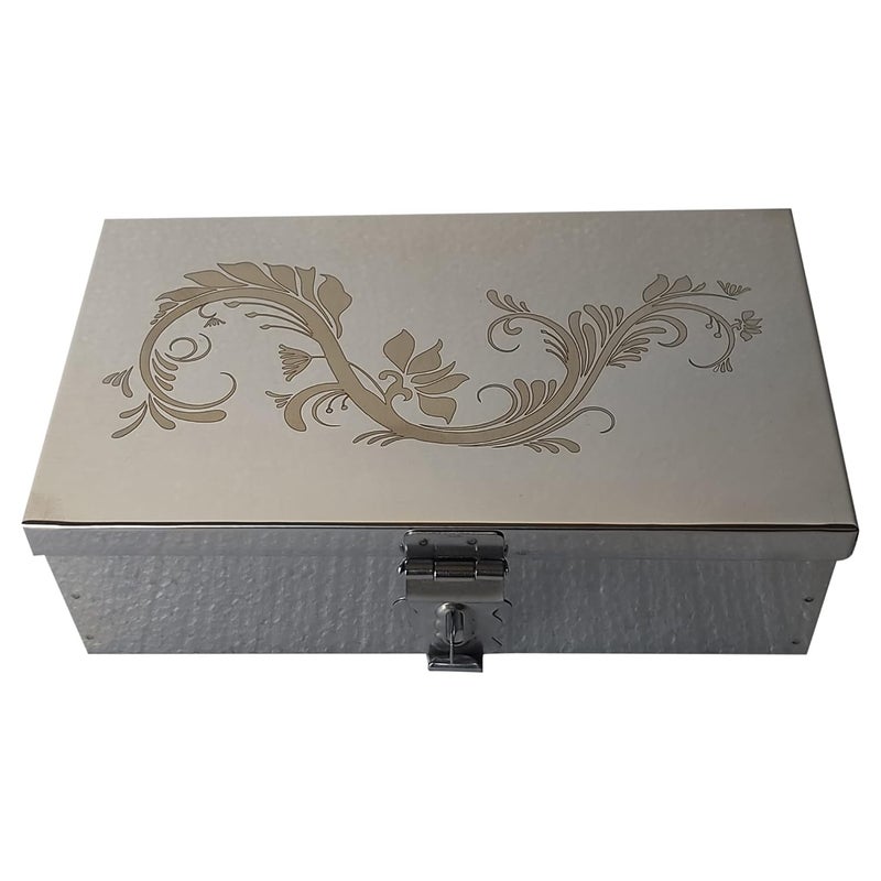 GvanyS Stainless Steel Steel Storage Boxes,Cash, Pooja Peti,Organizer,Safe Locker Box 9 inch Storage Box (Steel) W-9", H-3", L-6" Cash Box With Laser Print Design (Medium) - Image 1