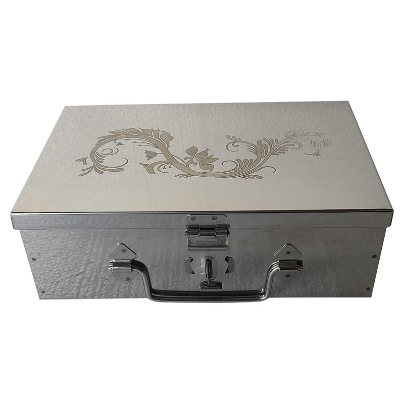 GvanyS Stainless Steel Steel Storage Boxes,Cash, Pooja Peti,Organizer,Safe Locker Box 9 inch Storage Box (Steel) W-9", H-3", L-6" Cash Box With Laser Print Design (Medium) - Image 4