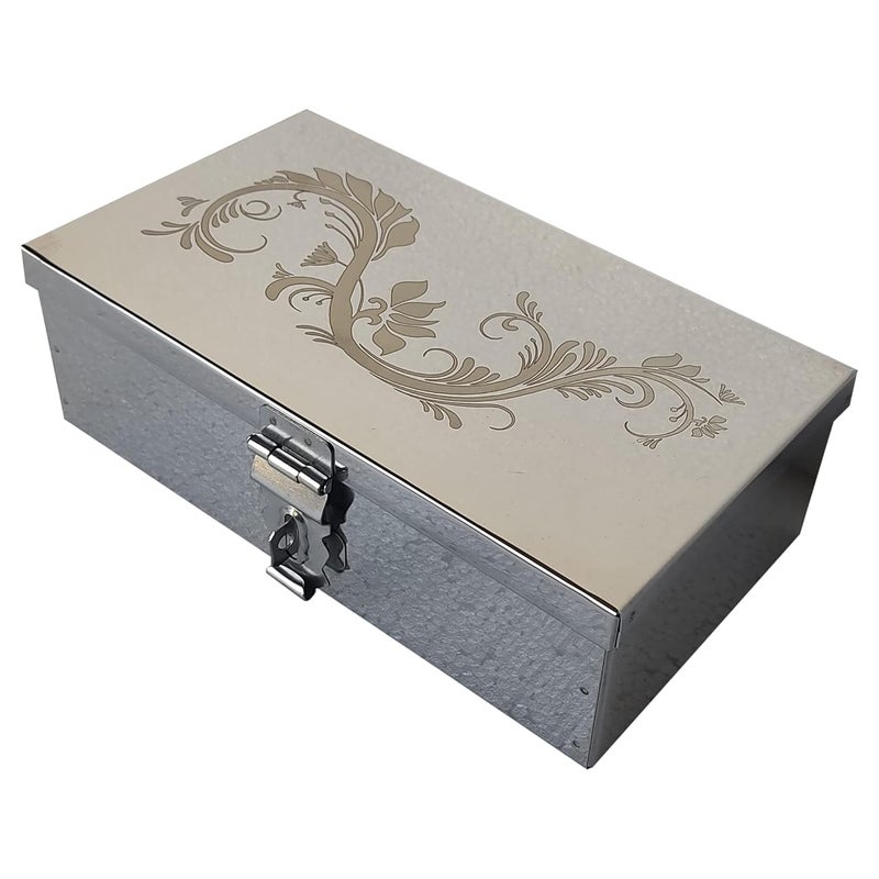 GvanyS Stainless Steel Steel Storage Boxes,Cash, Pooja Peti,Organizer,Safe Locker Box 9 inch Storage Box (Steel) W-9", H-3", L-6" Cash Box With Laser Print Design (Medium) - Image 3