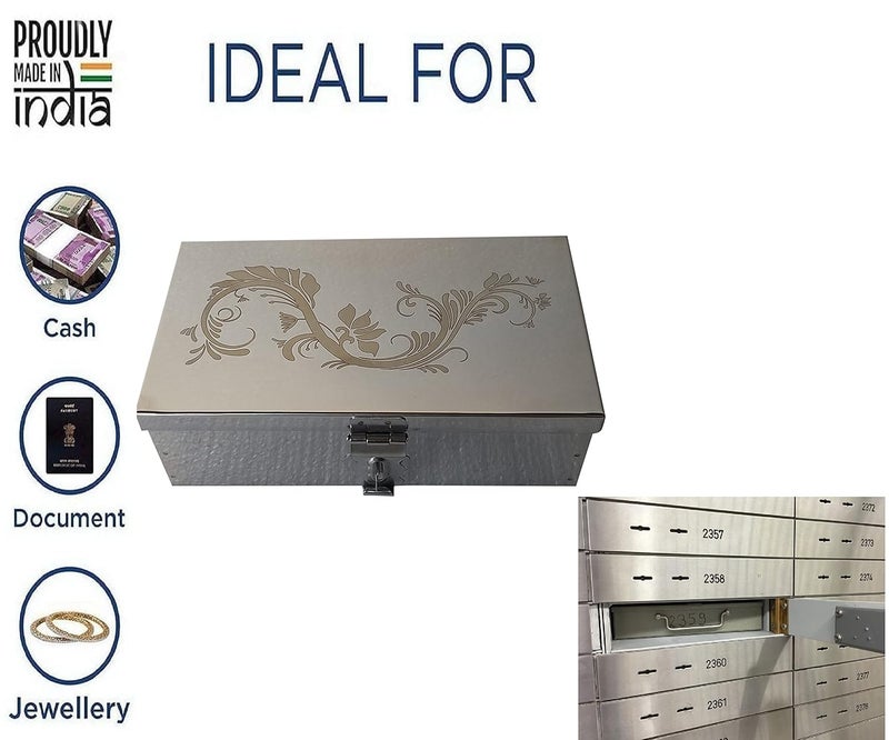 GvanyS Stainless Steel Steel Storage Boxes,Cash, Pooja Peti,Organizer,Safe Locker Box 9 inch Storage Box (Steel) W-9", H-3", L-6" Cash Box With Laser Print Design (Medium) - Image 2
