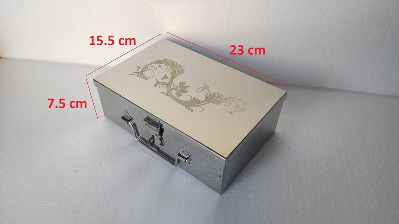 GvanyS Stainless Steel Steel Storage Boxes,Cash, Pooja Peti,Organizer,Safe Locker Box 9 inch Storage Box (Steel) W-9", H-3", L-6" Cash Box With Laser Print Design (Medium) - Image 5