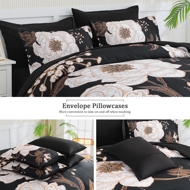 Luxudecor Floral King Comforter Set 7 Pieces Bed in a Bag, White Flower Print on Black Bedding Set, Soft Reversible Comforter with Sheet Set 104"x90" - Image 5