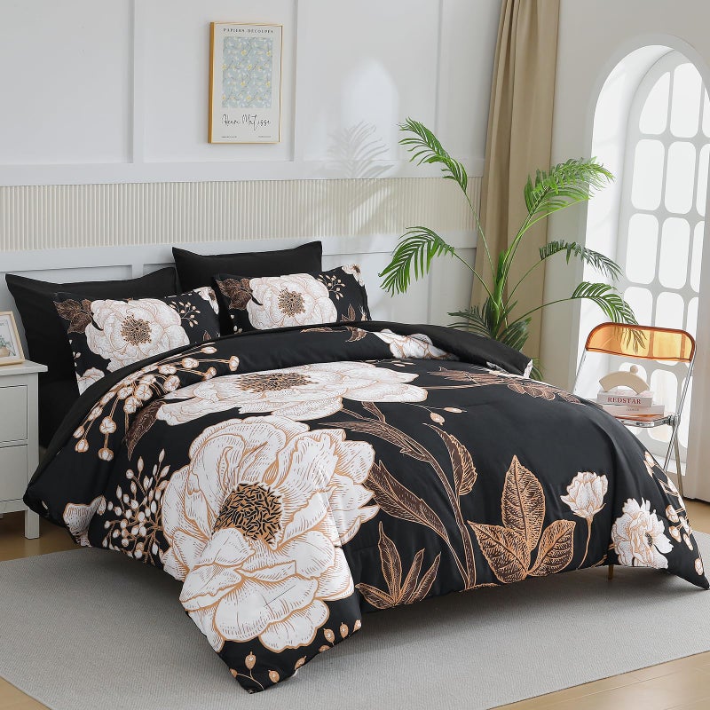Luxudecor Floral King Comforter Set 7 Pieces Bed in a Bag, White Flower Print on Black Bedding Set, Soft Reversible Comforter with Sheet Set 104"x90" - Image 2