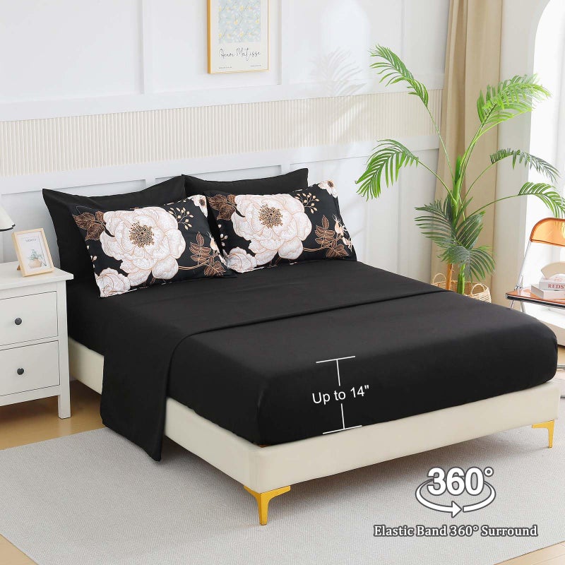 Luxudecor Floral King Comforter Set 7 Pieces Bed in a Bag, White Flower Print on Black Bedding Set, Soft Reversible Comforter with Sheet Set 104"x90" - Image 4