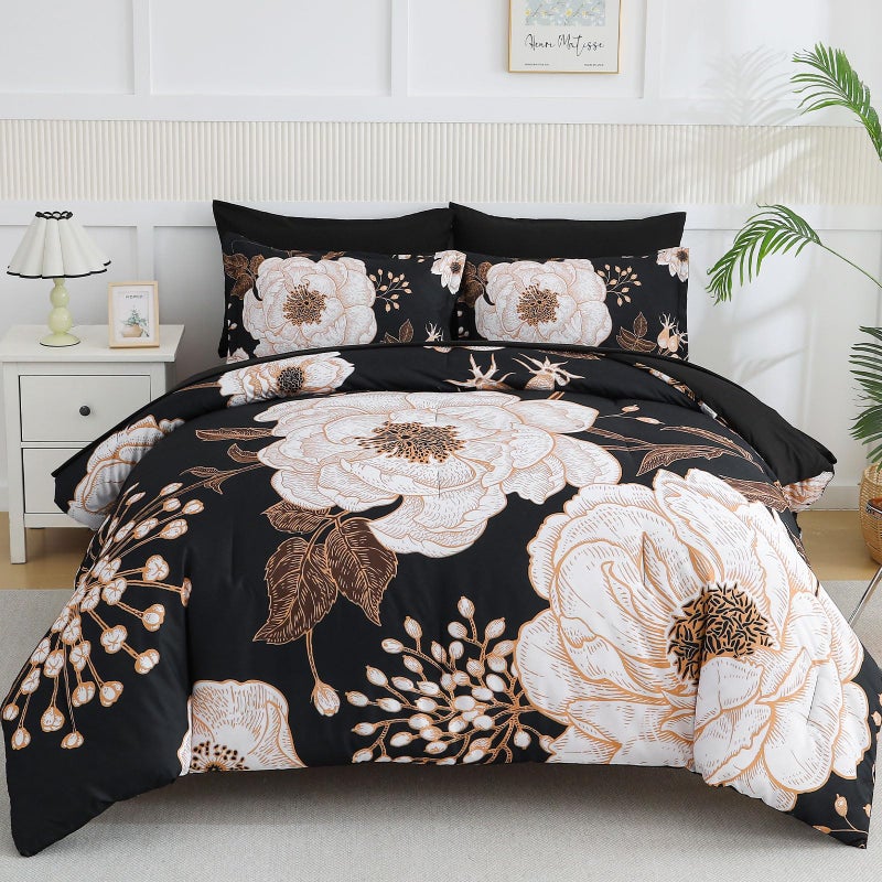 Luxudecor Floral King Comforter Set 7 Pieces Bed in a Bag, White Flower Print on Black Bedding Set, Soft Reversible Comforter with Sheet Set 104"x90" - Image 1