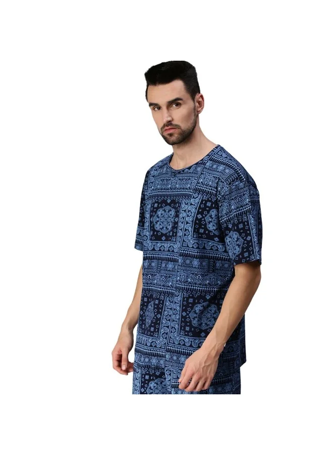 فيردو Veirdo Multicolour Oversized Cotton Crew Neck T-Shirt with Bandana Print for Men