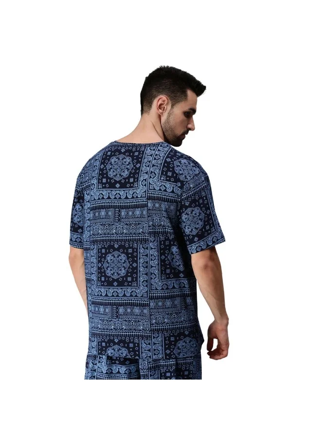 فيردو Veirdo Multicolour Oversized Cotton Crew Neck T-Shirt with Bandana Print for Men