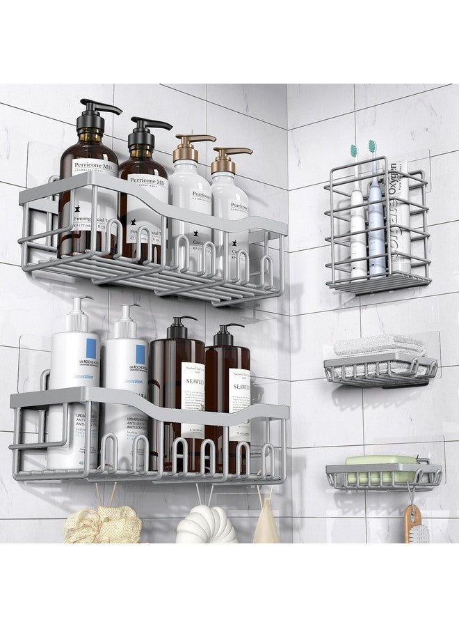 EUDELE مجموعة 5 قطع من حوامل الدش المصنوعة من الفولاذ المقاوم للصدأ - منظم حمام لاصق بدون حفر بسعة كبيرة، رفوف دش واسعة لتخزين داخل الدش والمطبخ وزينة المنزل - Image 1