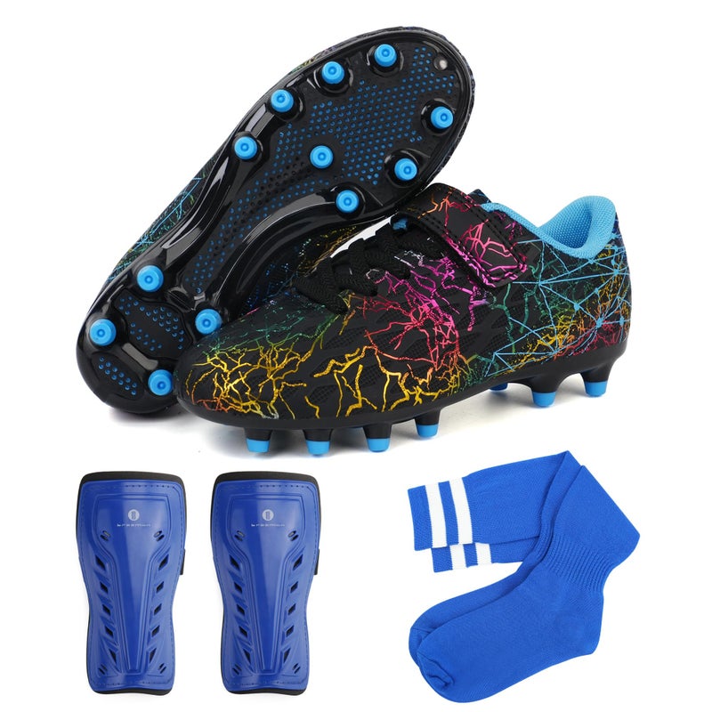 brooman Kids Firm Ground Soccer Cleats Girls Football Cleats with Shin Guards and Soccer Socks (8,Black Blue) - Image 1