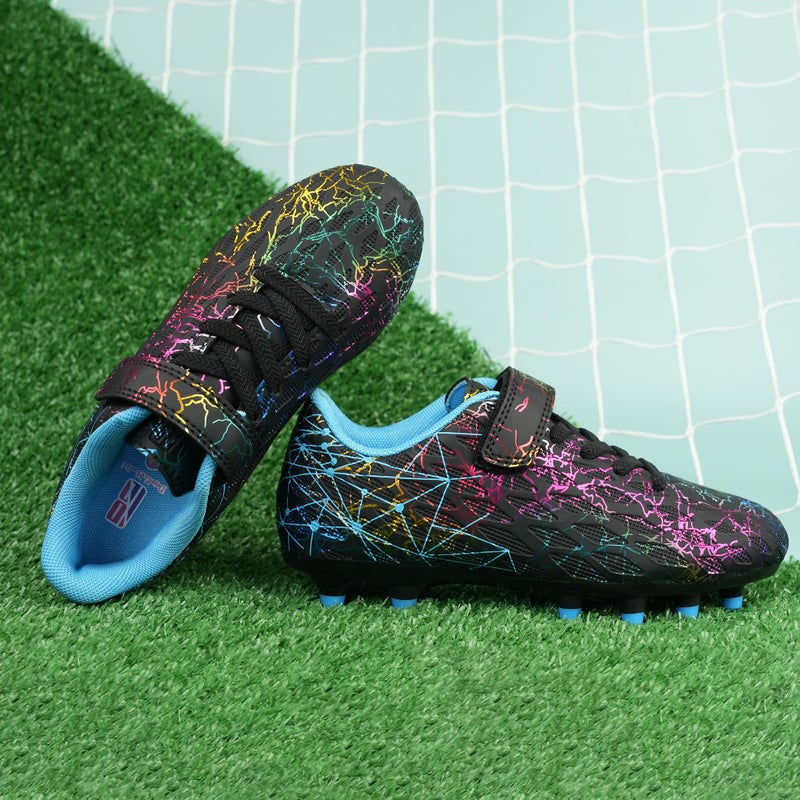 brooman Kids Firm Ground Soccer Cleats Girls Football Cleats with Shin Guards and Soccer Socks (8,Black Blue) - Image 3