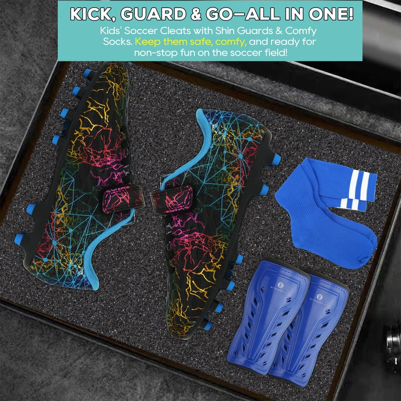brooman Kids Firm Ground Soccer Cleats Girls Football Cleats with Shin Guards and Soccer Socks (8,Black Blue) - Image 5