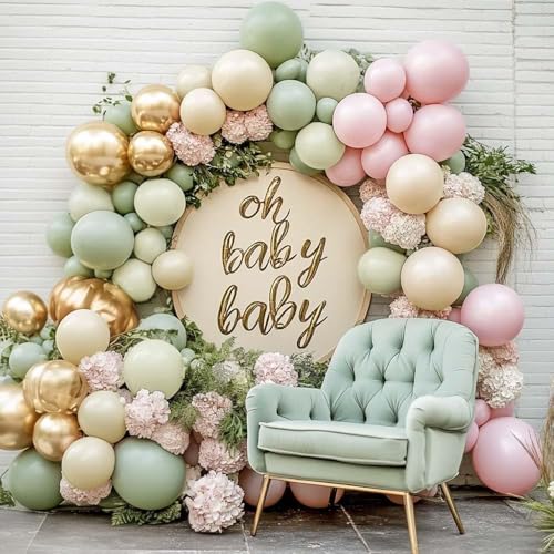 Partycus Dusty Green Pink Balloon Arch Double Stuffed Sage Mint Green Baby Pink White Sand Cream Gold Pastel Balloon Garland Kit for Baby in Bloom Birthday Wedding Easter Dinosaur Valentines Party - Image 1