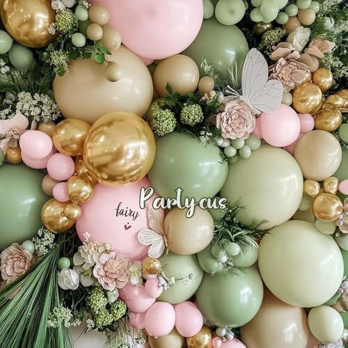 Partycus Dusty Green Pink Balloon Arch Double Stuffed Sage Mint Green Baby Pink White Sand Cream Gold Pastel Balloon Garland Kit for Baby in Bloom Birthday Wedding Easter Dinosaur Valentines Party - Image 5