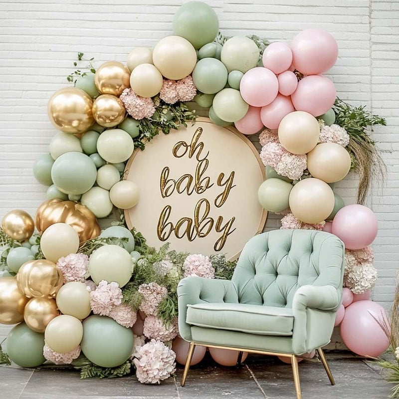 Partycus Dusty Green Pink Balloon Arch Double Stuffed Sage Mint Green Baby Pink White Sand Cream Gold Pastel Balloon Garland Kit for Baby in Bloom Birthday Wedding Easter Dinosaur Valentines Party - Image 3