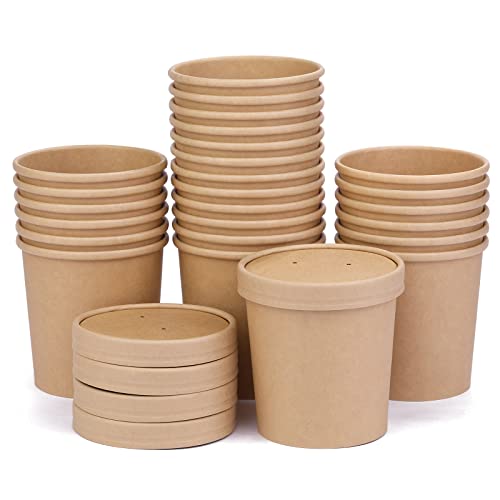 16 oz 25 Pack Paper Soup Containers with lids Disposable Kraft Food Cups Soup Cups Paper Ice Cream Cup Dessert Cup Yogurt Ice Cream Containers Great For Restaurants Take Outs or ToGo Lunch