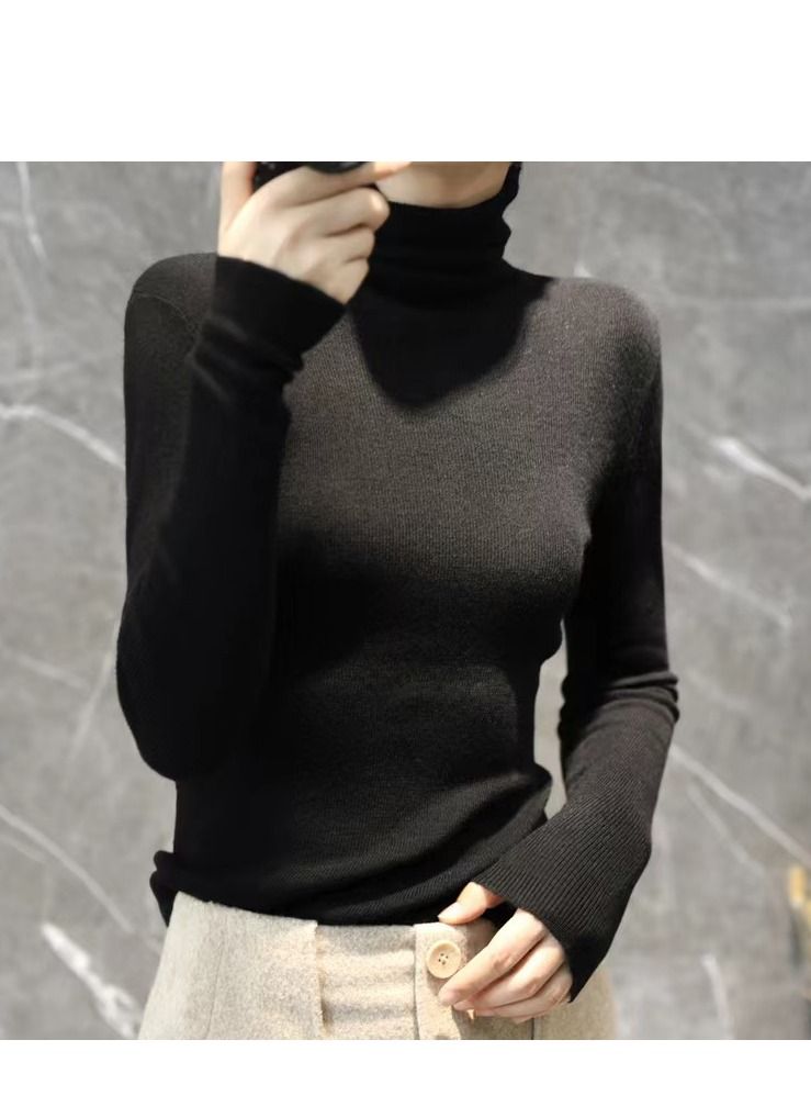 Loquat Women's Solid Color High Collar Slimming Wool Sweater 