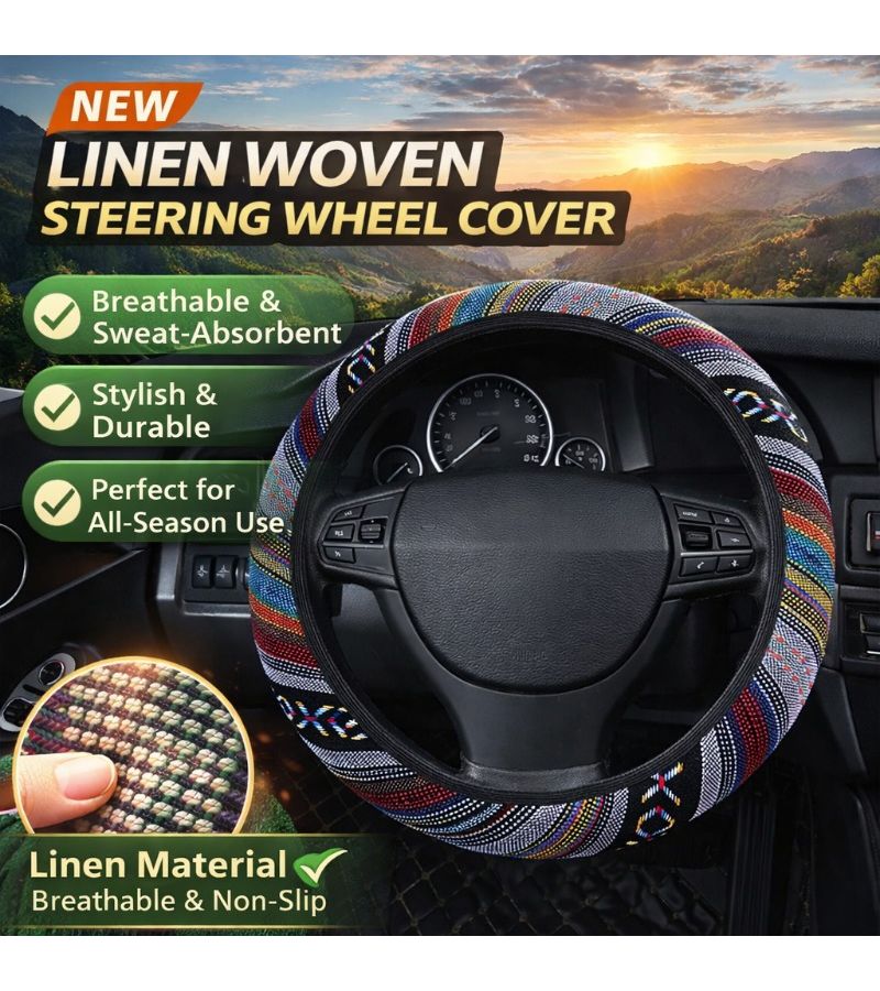 XO Colorful Linen Woven Car Steering Wheel Cover Breathable Non Slip Elastic Fit 15 Inch - Image 2
