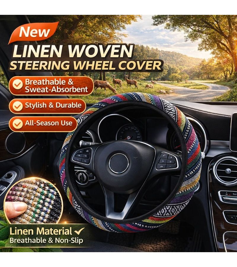 XO Colorful Linen Woven Car Steering Wheel Cover Breathable Non Slip Elastic Fit 15 Inch - Image 1