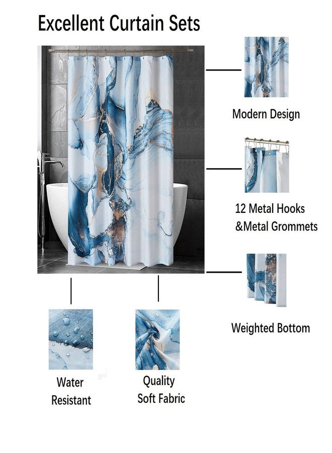 YOSTEV Blue Gold Marble Shower Curtain Set, Abstract Granite Pattern Shower Curtains for Bathroom Décor, Luxury Modern Waterproof Bath Accessories with 12 Metal Hooks, 72x72 - Image 3