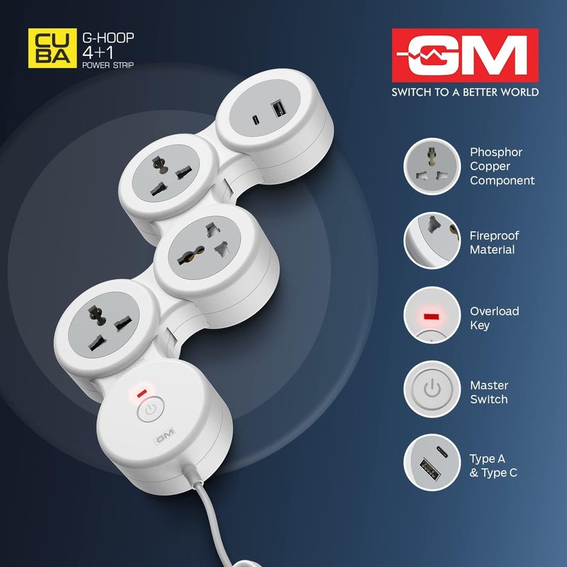 GM 4+1 G-Hoop Spike Guard with C & A Type USB-Master Switch,Indicator, Safety Shutter, 1.8 Mtr Wire with Overload Protection 3 International sockets & 2 USB Port 1 C Type 1 A Type 3.1A… - Image 4