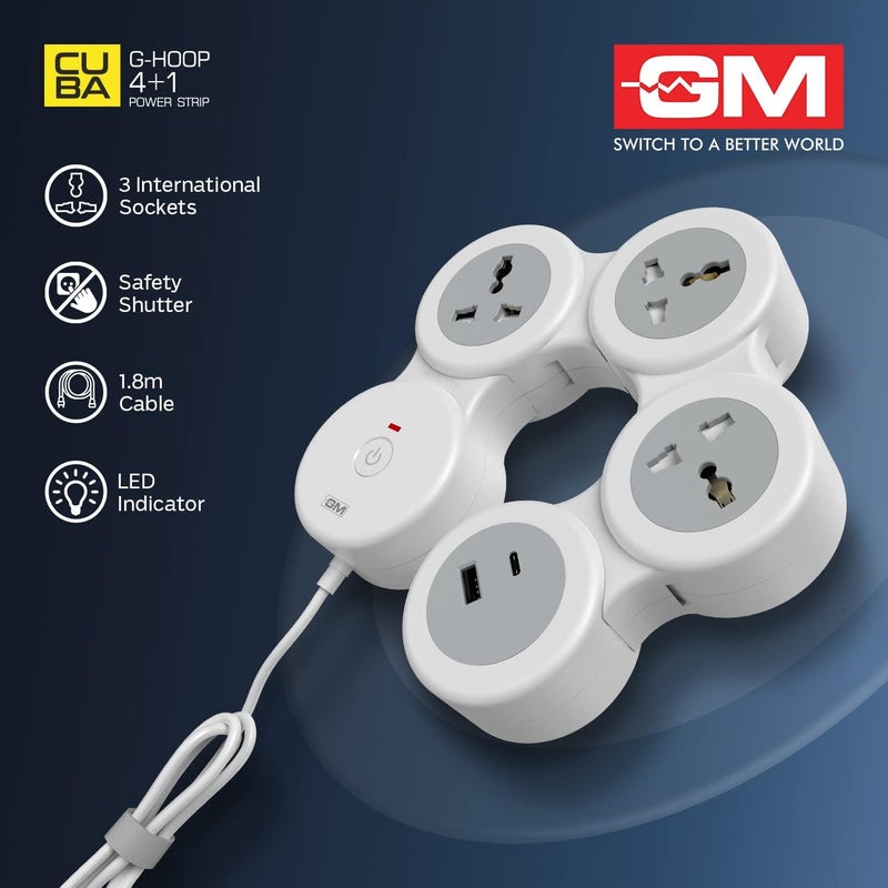 GM 4+1 G-Hoop Spike Guard with C & A Type USB-Master Switch,Indicator, Safety Shutter, 1.8 Mtr Wire with Overload Protection 3 International sockets & 2 USB Port 1 C Type 1 A Type 3.1A… - Image 5