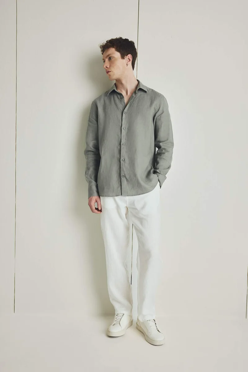 ديفاكتو Linen Regular Fit Polo Neck Summer Basic Shirt