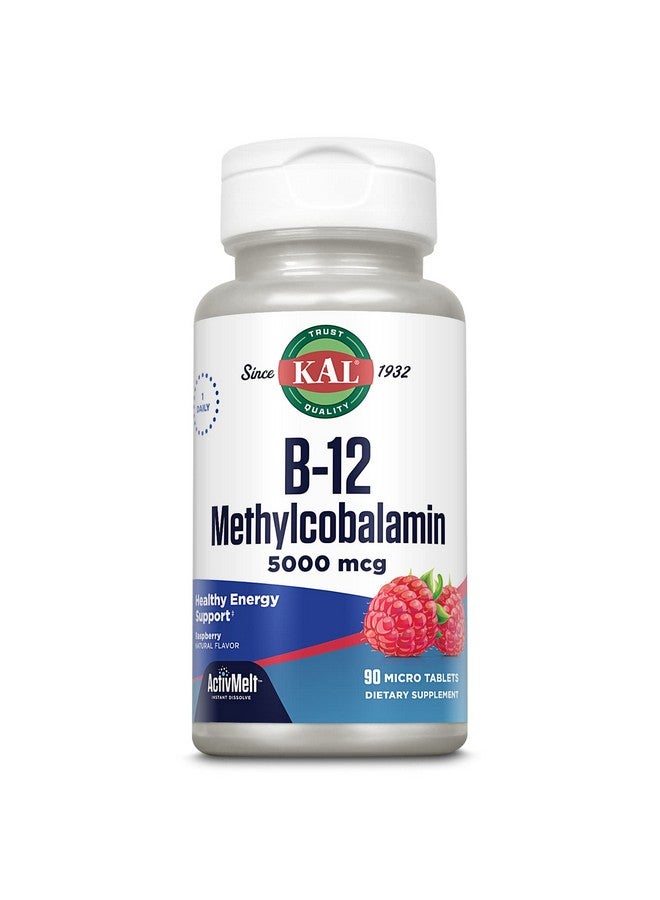 KAL Vitamin B12 Methylcobalamin 5000mcg, Healthy Energy, Metabolism, Nerve & Red Blood Cell Support,* Fast Dissolve ActivMelts, Optimal Absorption, Natural Raspberry Flavor, 90 Servings, 90 Micro Tabs