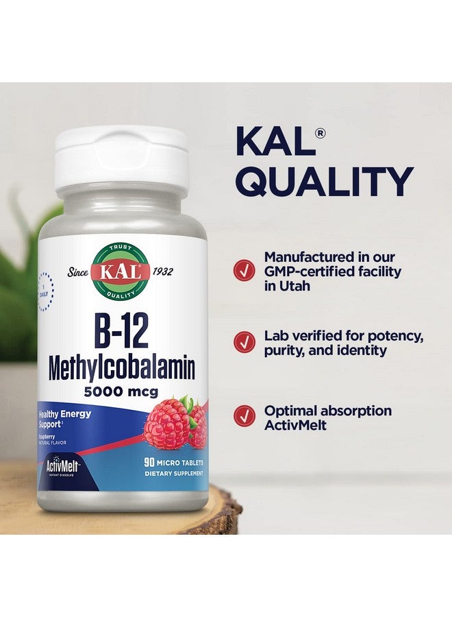 KAL Vitamin B12 Methylcobalamin 5000mcg, Healthy Energy, Metabolism, Nerve & Red Blood Cell Support,* Fast Dissolve ActivMelts, Optimal Absorption, Natural Raspberry Flavor, 90 Servings, 90 Micro Tabs - Image 5