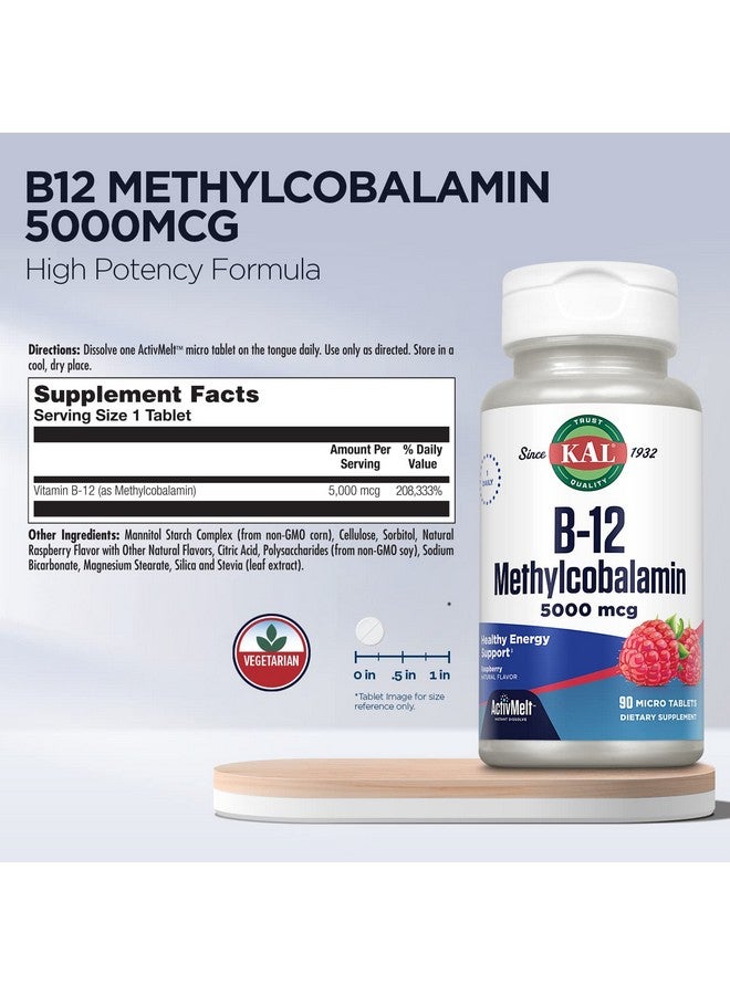 KAL Vitamin B12 Methylcobalamin 5000mcg, Healthy Energy, Metabolism, Nerve & Red Blood Cell Support,* Fast Dissolve ActivMelts, Optimal Absorption, Natural Raspberry Flavor, 90 Servings, 90 Micro Tabs - Image 3