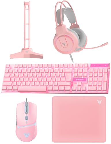 FANTECH Wired Gaming Keyboard and Mouse Set, Over-Ear Headphone and Headset Stand, Gaming Mouse Pad Wired RGB Rainbow Mice, PC Beginner Gamer Basic 5 in-1 for,PC,Laptop,Xbox Pink - Image 1