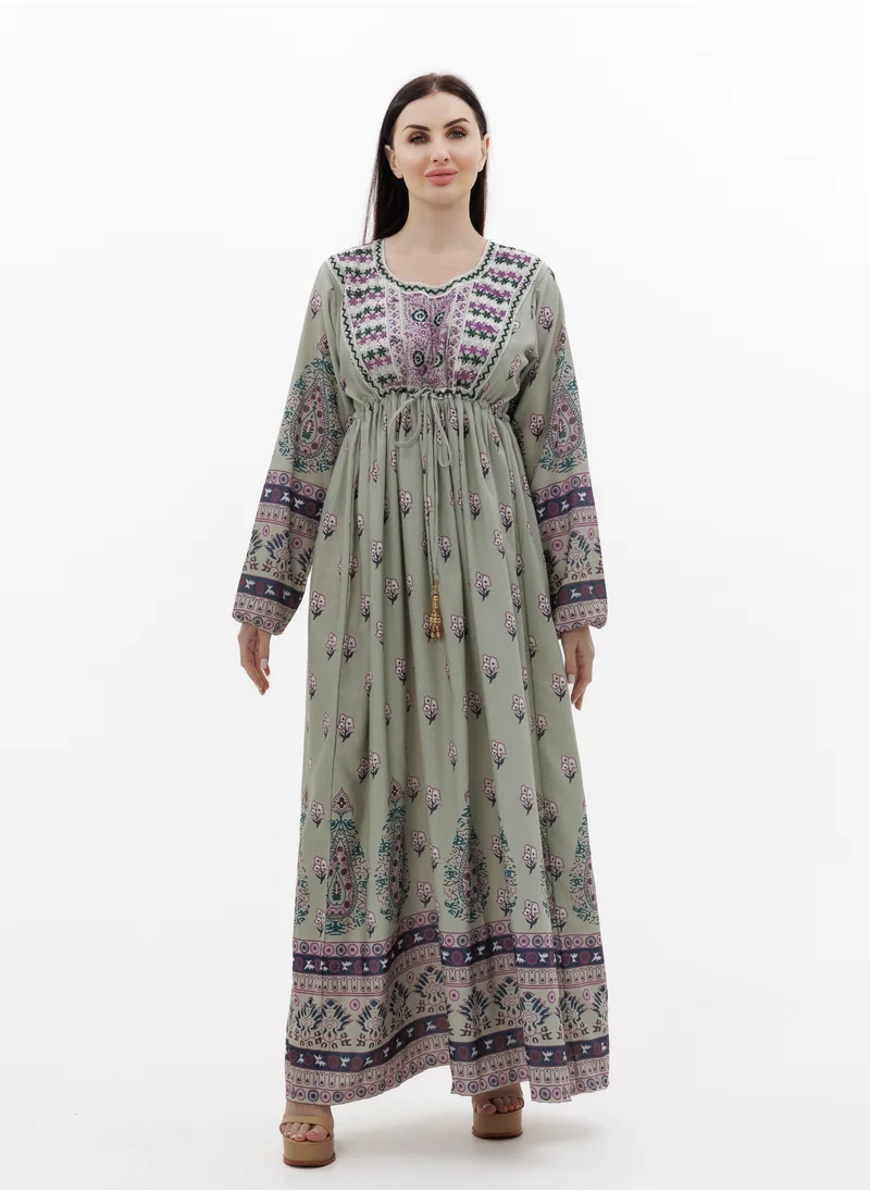 HANA & SARA LONG PRINTED AND NECK EMBROIDERED STYLISH ARABIC KAFTAN JALABIYA DRESSES