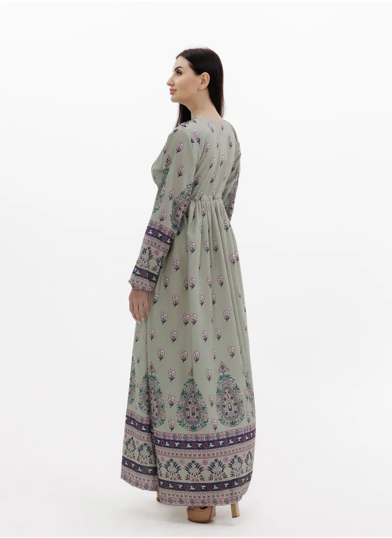 HANA & SARA LONG PRINTED AND NECK EMBROIDERED STYLISH ARABIC KAFTAN JALABIYA DRESSES