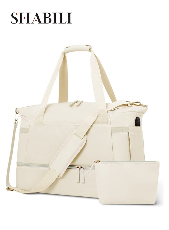 SHABILI Women Men Polyester Sports Bag Carry Shoulder Crossbody Tote Handbag Trolley, Large-Capacity Multi-Pocket with USB Port Wet Dry Separation, Youth Daily Casual Party Travel Duffel Set (Beige) - Image 1
