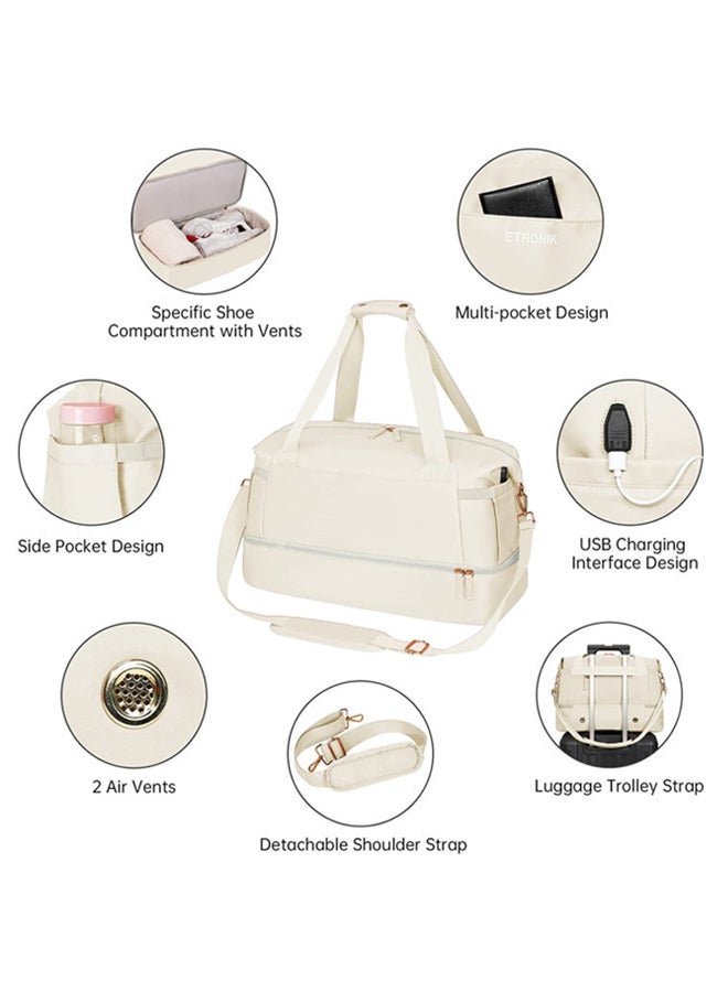 SHABILI Women Men Polyester Sports Bag Carry Shoulder Crossbody Tote Handbag Trolley, Large-Capacity Multi-Pocket with USB Port Wet Dry Separation, Youth Daily Casual Party Travel Duffel Set (Beige) - Image 3