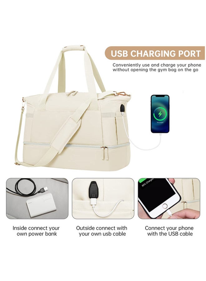 SHABILI Women Men Polyester Sports Bag Carry Shoulder Crossbody Tote Handbag Trolley, Large-Capacity Multi-Pocket with USB Port Wet Dry Separation, Youth Daily Casual Party Travel Duffel Set (Beige) - Image 2