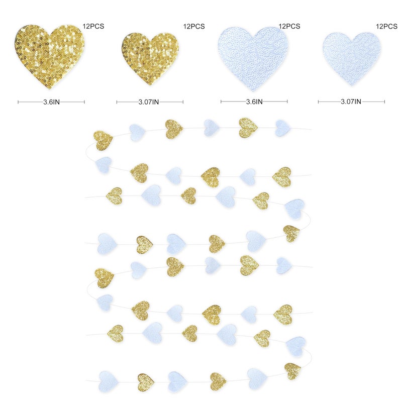 pinkblume Gold and White Heart Decorations Double Sided Sequin 3D Heart Hanging Wall Art Ornament Garland for Nursery Classroom Bedroom Valentines Day Holiday Christmas Weeding Anniversary Home Wall Decor - Image 2
