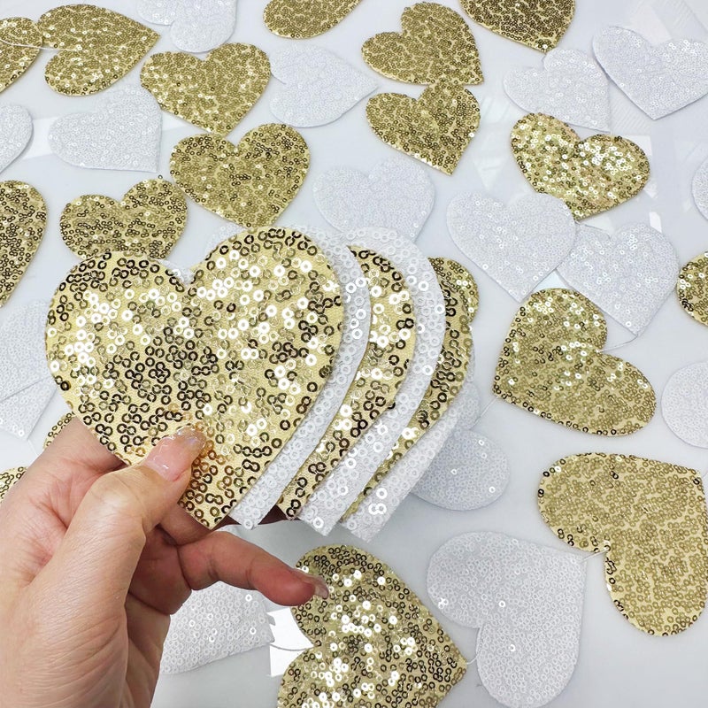 pinkblume Gold and White Heart Decorations Double Sided Sequin 3D Heart Hanging Wall Art Ornament Garland for Nursery Classroom Bedroom Valentines Day Holiday Christmas Weeding Anniversary Home Wall Decor - Image 3