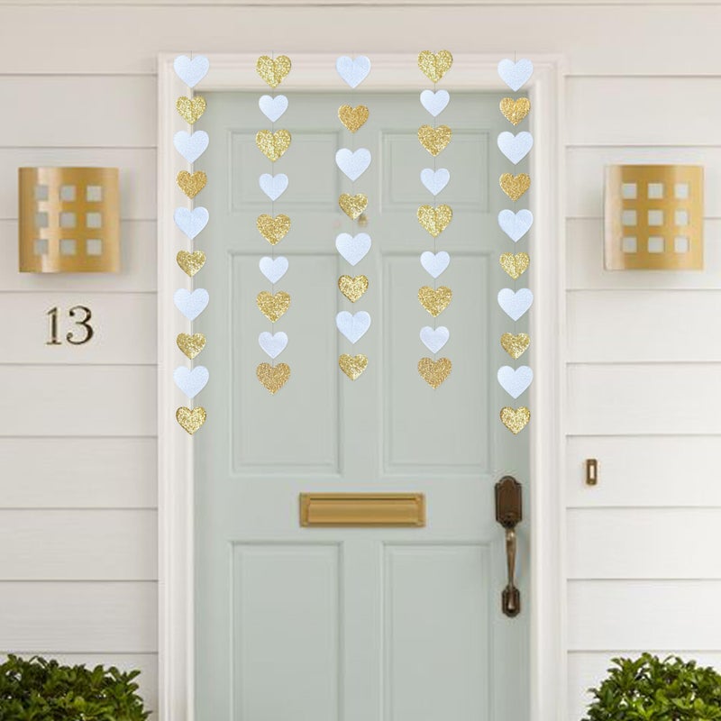 pinkblume Gold and White Heart Decorations Double Sided Sequin 3D Heart Hanging Wall Art Ornament Garland for Nursery Classroom Bedroom Valentines Day Holiday Christmas Weeding Anniversary Home Wall Decor - Image 5