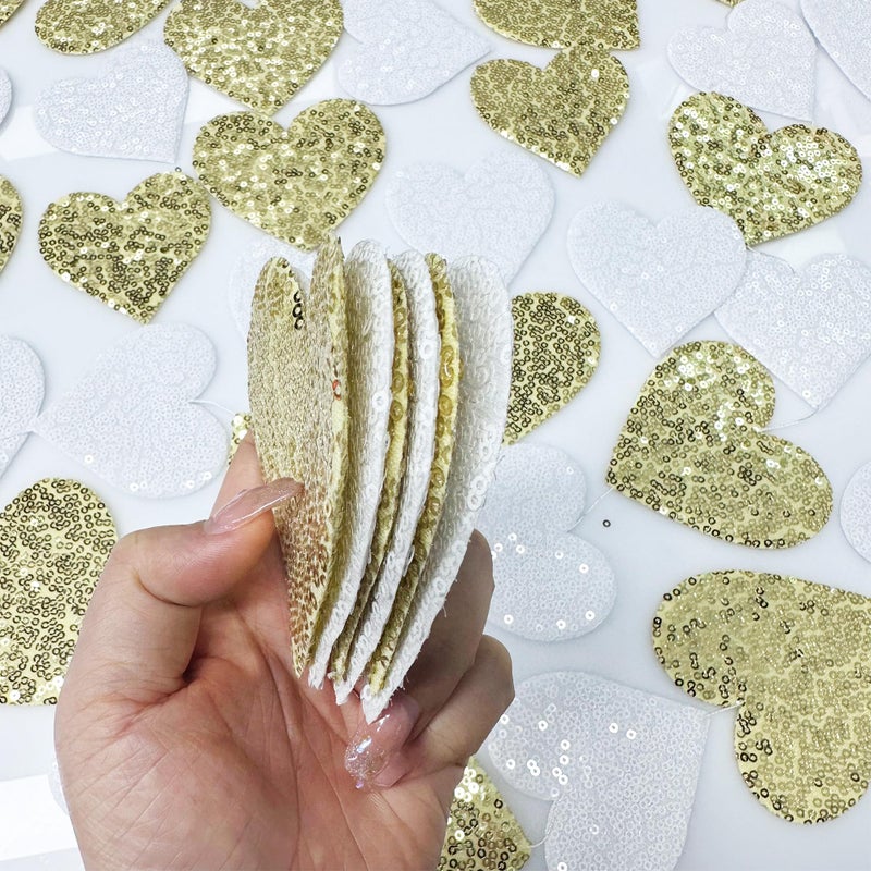 pinkblume Gold and White Heart Decorations Double Sided Sequin 3D Heart Hanging Wall Art Ornament Garland for Nursery Classroom Bedroom Valentines Day Holiday Christmas Weeding Anniversary Home Wall Decor - Image 4