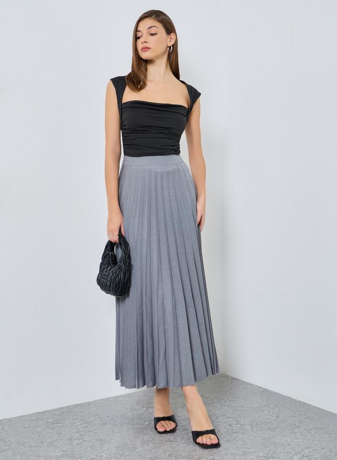 Styli Grey Slubbed Twill Pleated A-Line Maxi Skirt - Image 1
